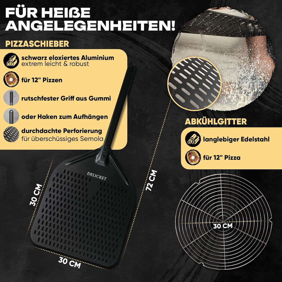 DELICRET elektrischer Pizzaofen 12” mit Pizzaschieber &amp; Pizzateig Starter Kit für Pizza Napoletana -