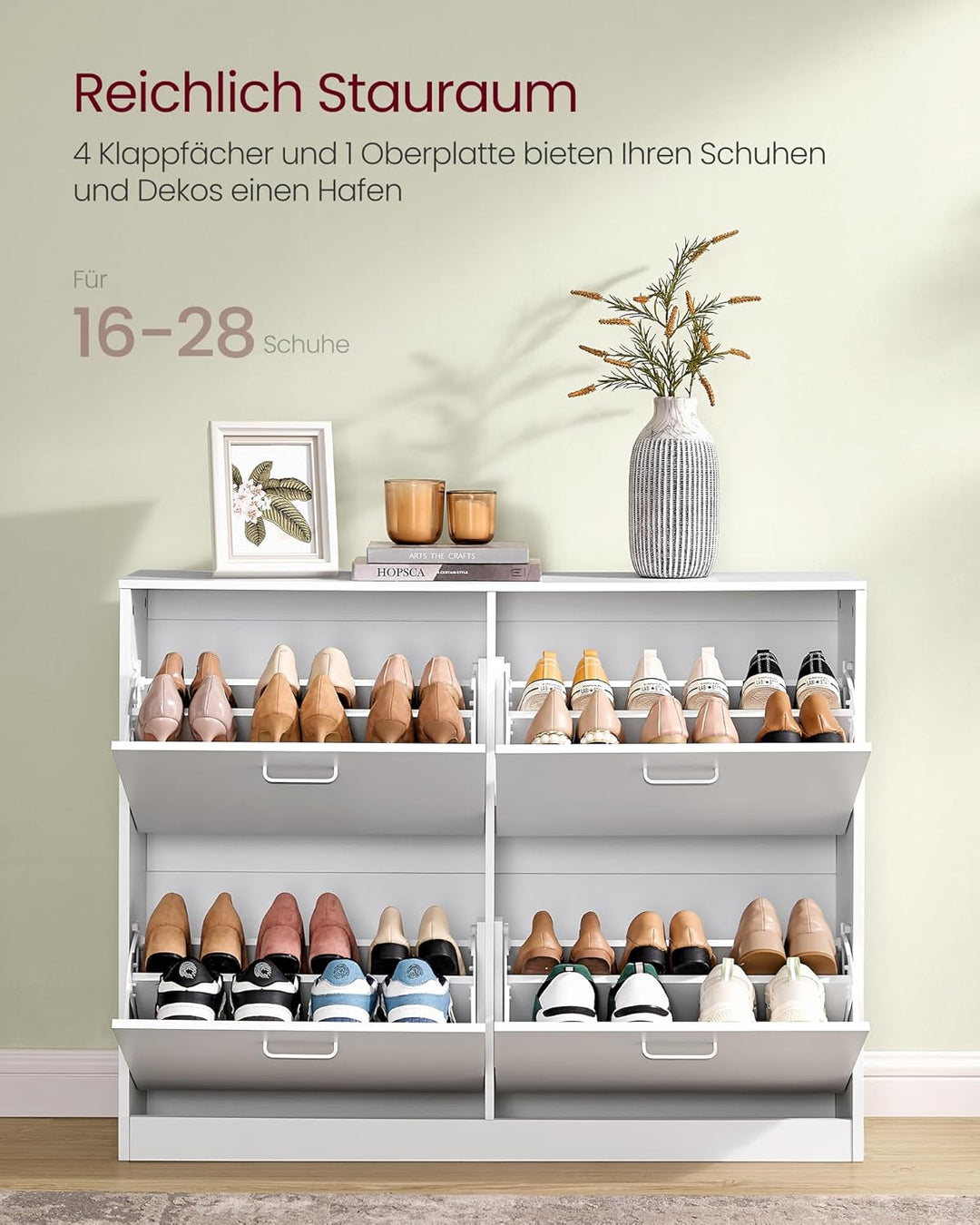 VASAGLE Schuhschrank 4 Klappen, Schuhkipper, Schuhregal, Schuhaufbewahrung, Trennwand verstellbar, f