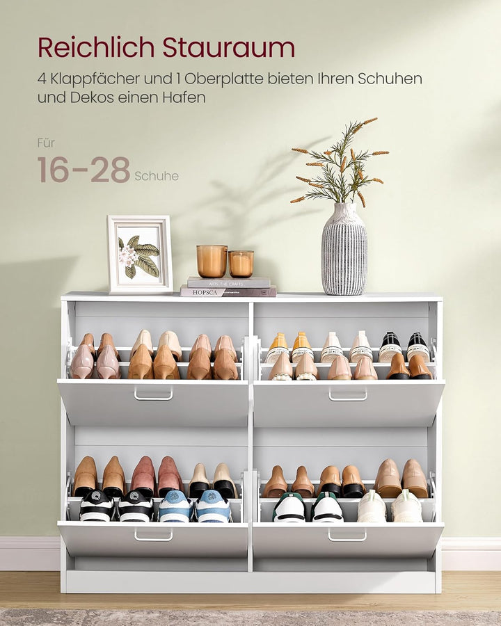 VASAGLE Schuhschrank 4 Klappen, Schuhkipper, Schuhregal, Schuhaufbewahrung, Trennwand verstellbar, f