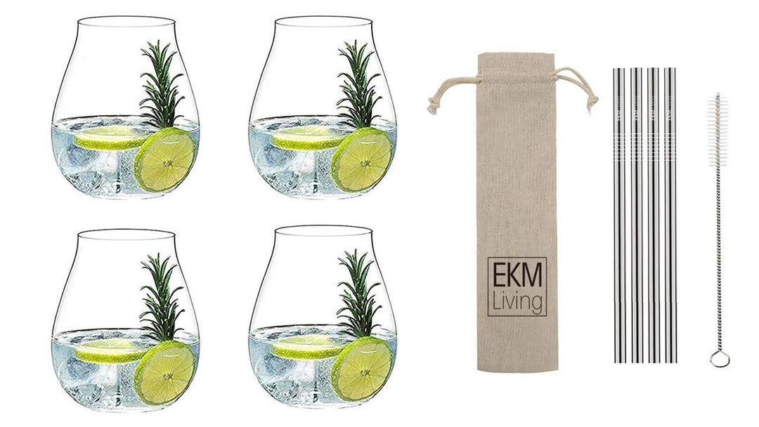 Riedel 5414/67 Gin Tonic Gläser Set 4 Stück + Gratis 4er Set EKM Living Edelstahl Strohhalme (Silber