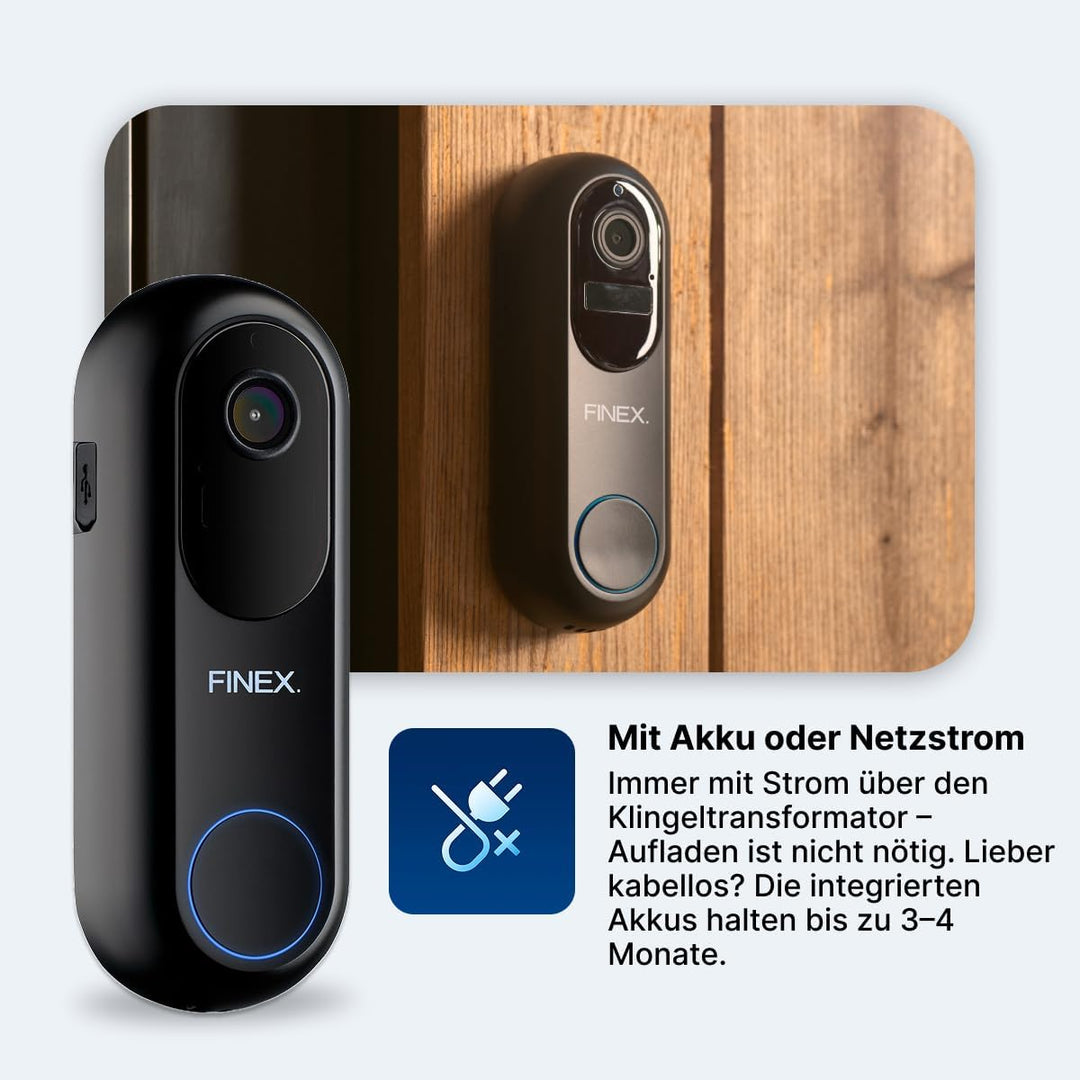 FINEX Video Türklingel, inkl. Innenklingel & Batterien, Tag- & Nachtmodus, Ohne Abonnement, Kabellos