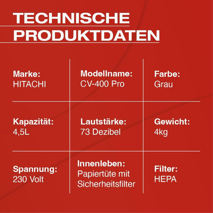 HITACHI Staubsauger CV-400P PRO + Beutel + HEPA Filter 4,5L - Profi Bodenstaubsauger 880W leise 74 d