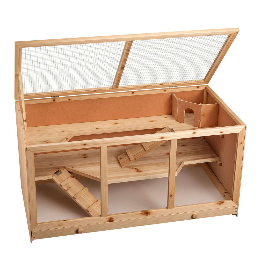 Wiltec XXL 3 Etagen Nagerkäfig, 4-eckig, 1150 x 600 x 580 mm, aus Holz, mit klappbarem Deckel & Sich