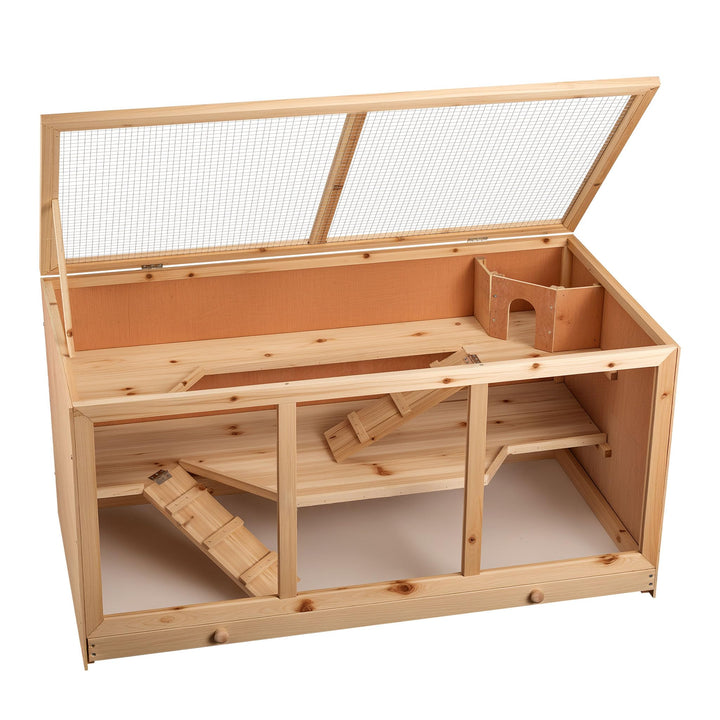 Wiltec XXL 3 Etagen Nagerkäfig, 4-eckig, 1150 x 600 x 580 mm, aus Holz, mit klappbarem Deckel & Sich