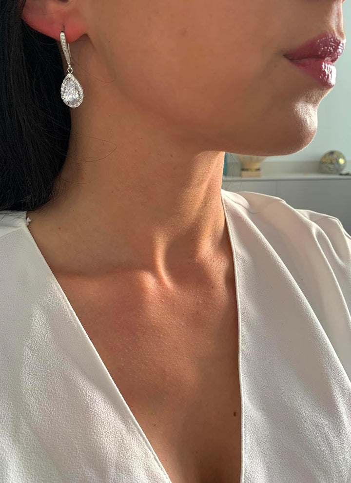 ONDEGO® Zirkonia SILBER Tropfen Strass Ohrringe Glitzer Ohrhänger Schmuck Creolen lang Geschenk XXL