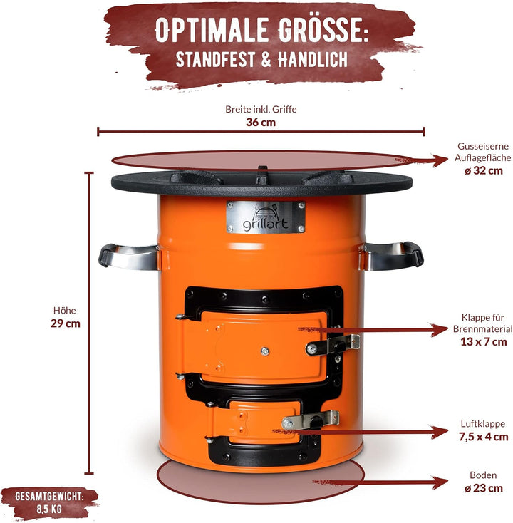 grillart® Raketenofen Outdoor “Powertrain” (mit Tragetasche) orange – effizienter Holzofen als Campi
