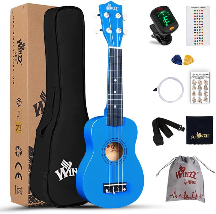 Winzz Sopran Ukulele Starter Kit für Anfänger mit Tasche, Clip-On Tuner, Zusätzlichen Saiten, Gurt,