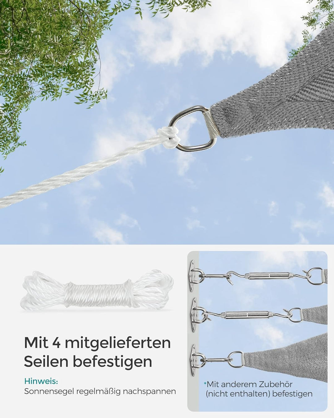 SONGMICS Sonnensegel 3 x 4 m, Sonnenschutz aus HDPE-Gewebe, luftdurchlässig, wasserdurchlässig, für