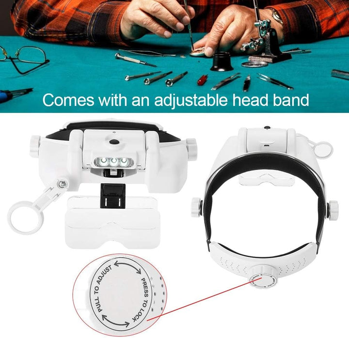 Dioche Lupenbrille mit Licht,USB-Aufladung 3 LED-Leuchten Headset Lupe Schmuckuhren Kopfbandlupe Sti