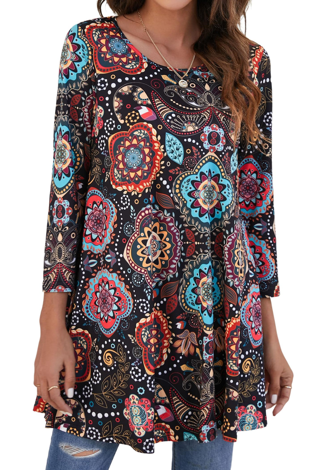 Enmain Damen Tunika Shirt Langarm/Kurzarm Longshirt Paisley Blumen 3/4 ärmel Locker Tops Sitzende Ob