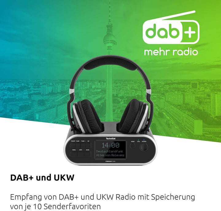 TechniSat STEREOMAN 2 DAB+ - kabelloser 2,4GHz Funkkopfhörer (mit Dockingstation, DAB+/UKW-Radioempf