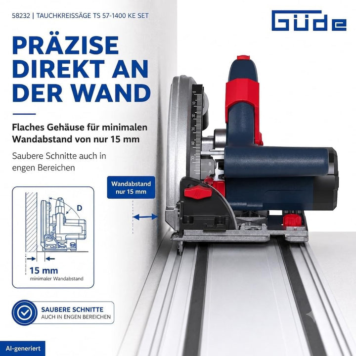 Güde 58232 Tauchkreissäge TS 57-1400 KE Set (1400 W, Sägeblatt-Ø 165 mm, Paralleler Tauchmechanismus