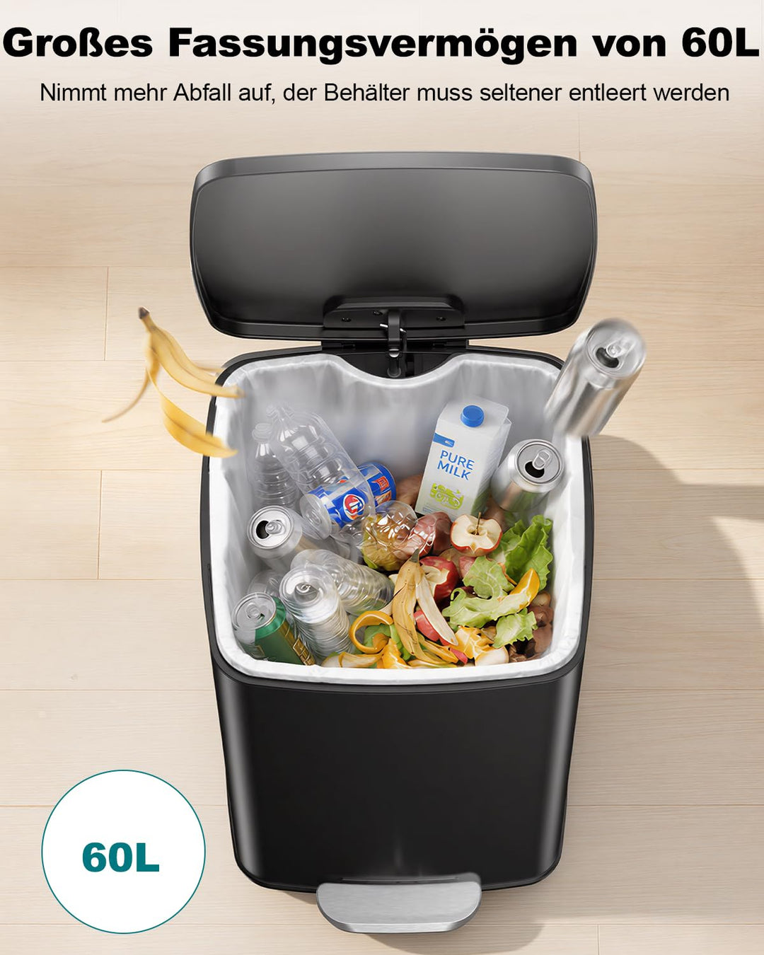 lovewind Mülleimer Küche 60L, Edelstahl Tretmülleimer mit Soft-Close Deckel, Herausnehmbarer Innenei