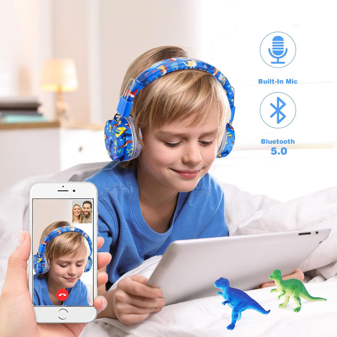 JYPS Bluetooth Kopfhörer Kinder, Dinosaurier Kopfhörer Kabellos Kinder mit Kabel und Mikrofon, Kids