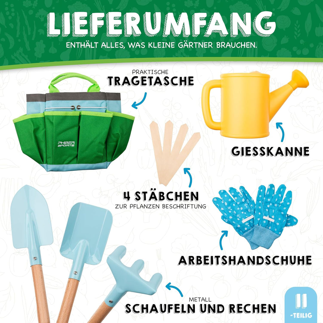 PHIBER-SPORTS Kinder Gartenwerkzeug Set (11 Teile) mit Kindergartenbuch - Gartengeräte für Kinder ab