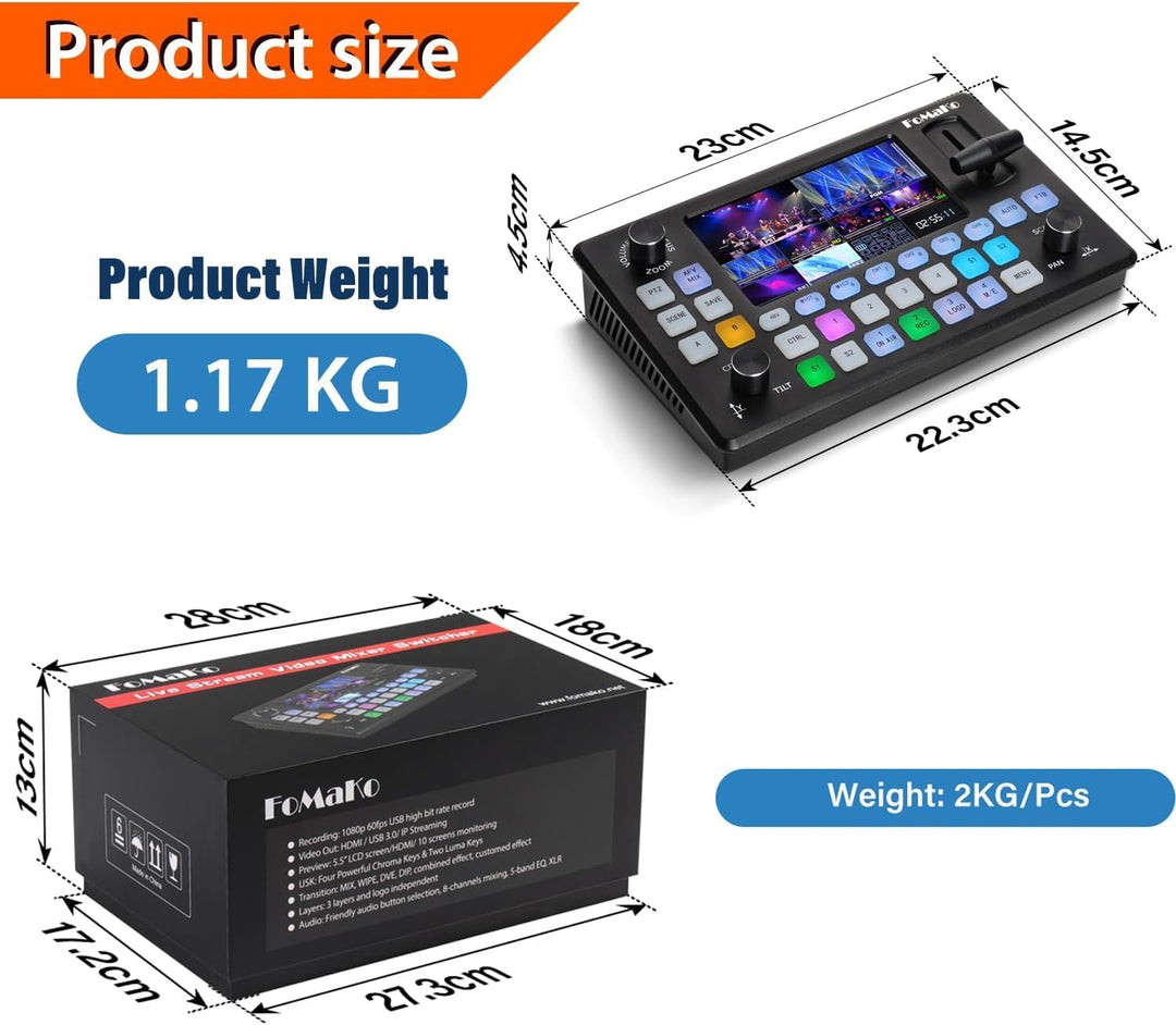 FoMaKo Video Switcher HDMI 4-Kanal für Multikameras, Video Mixer mit 5.5-Zoll LCD Bildschim, 1080P 6