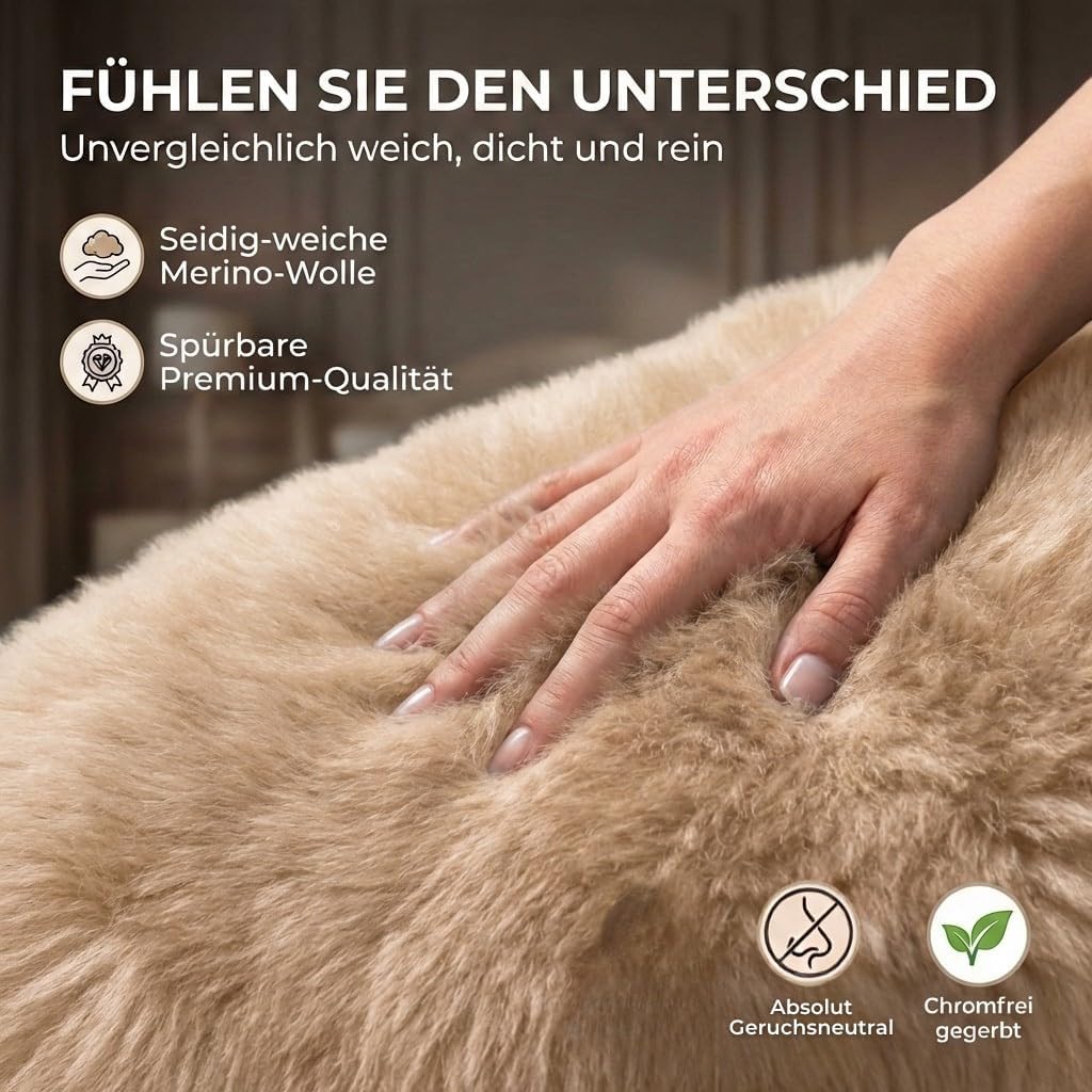 Extra grosses Super-Premium Lammfell, Schaffell, hell-beige. Extra zartes, geruchsarmes, echtes Meri