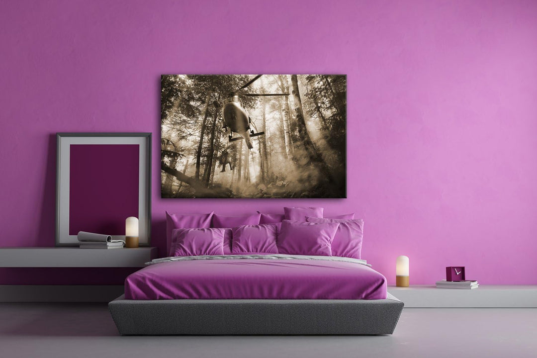deyoli Rettungshubschrauber bei Waldbrand Format: 60x40 Effekt: Sepia als Leinwand, Motiv fertig ger