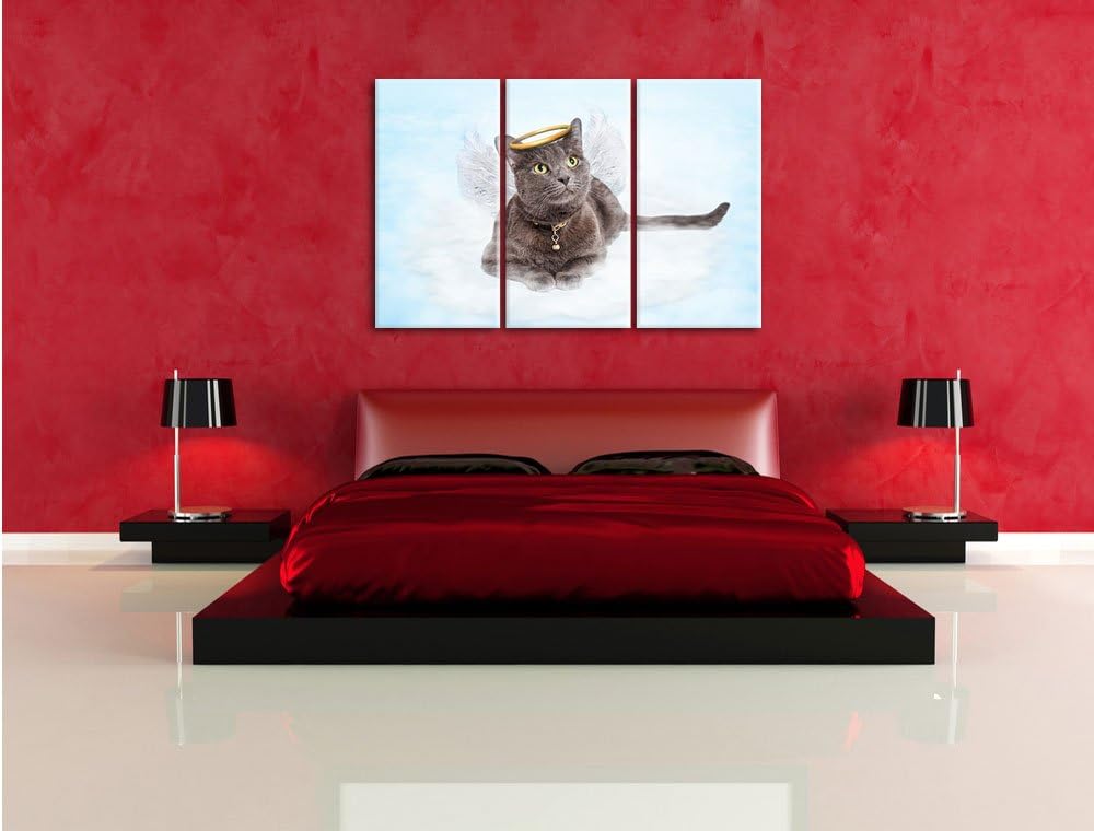 Pixxprint Katzen-Engel auf Wolke / 3-Teilig/Gesamtmass 120cm Leinwandbild bespannt auf Holzrahmen/Wa