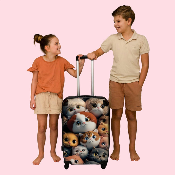 Koffer gross Trolley Rollkoffer Reisekoffer mit 4 Rollen Fotokoffer - Katze - Design - Braun - Grau