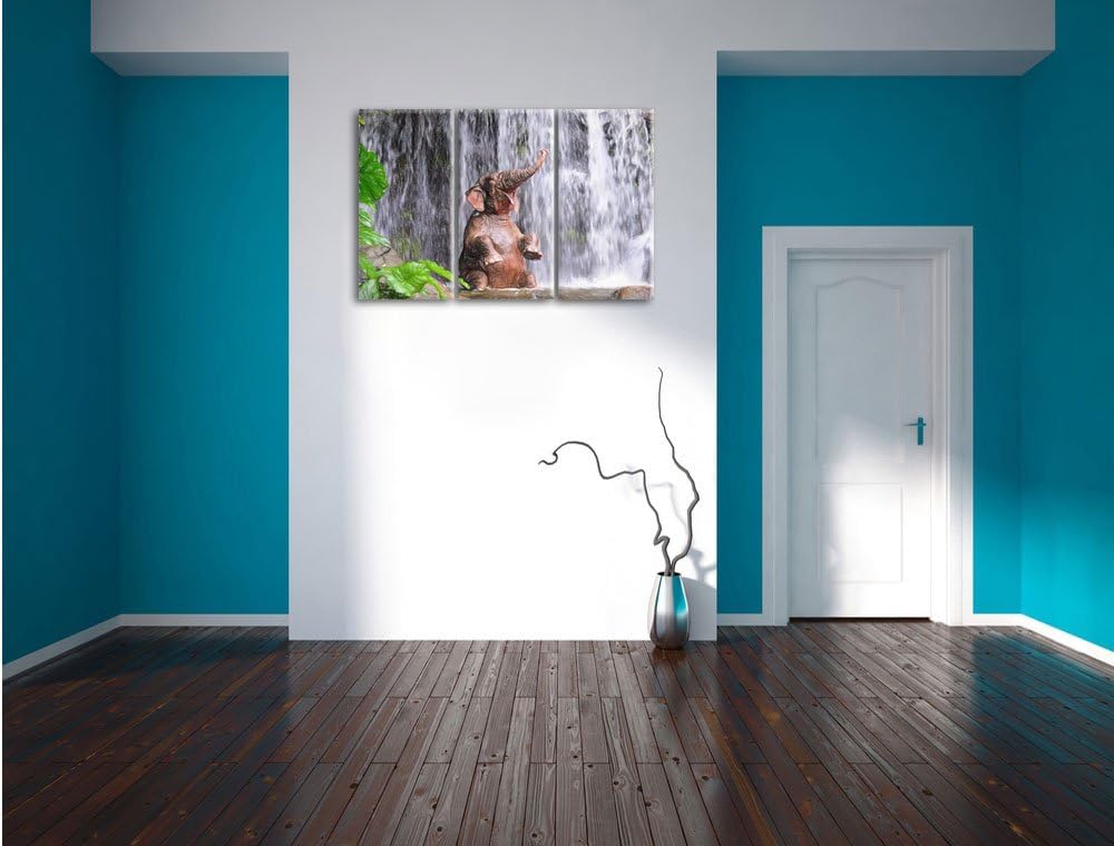Pixxprint Babyelefant am Wasserfall Kunst Buntstift Effekt 3-Teiler Leinwandbild 120x80 Bild auf Lei