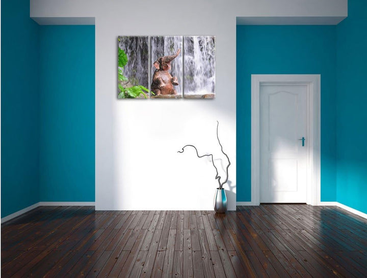 Pixxprint Babyelefant am Wasserfall Kunst Buntstift Effekt 3-Teiler Leinwandbild 120x80 Bild auf Lei