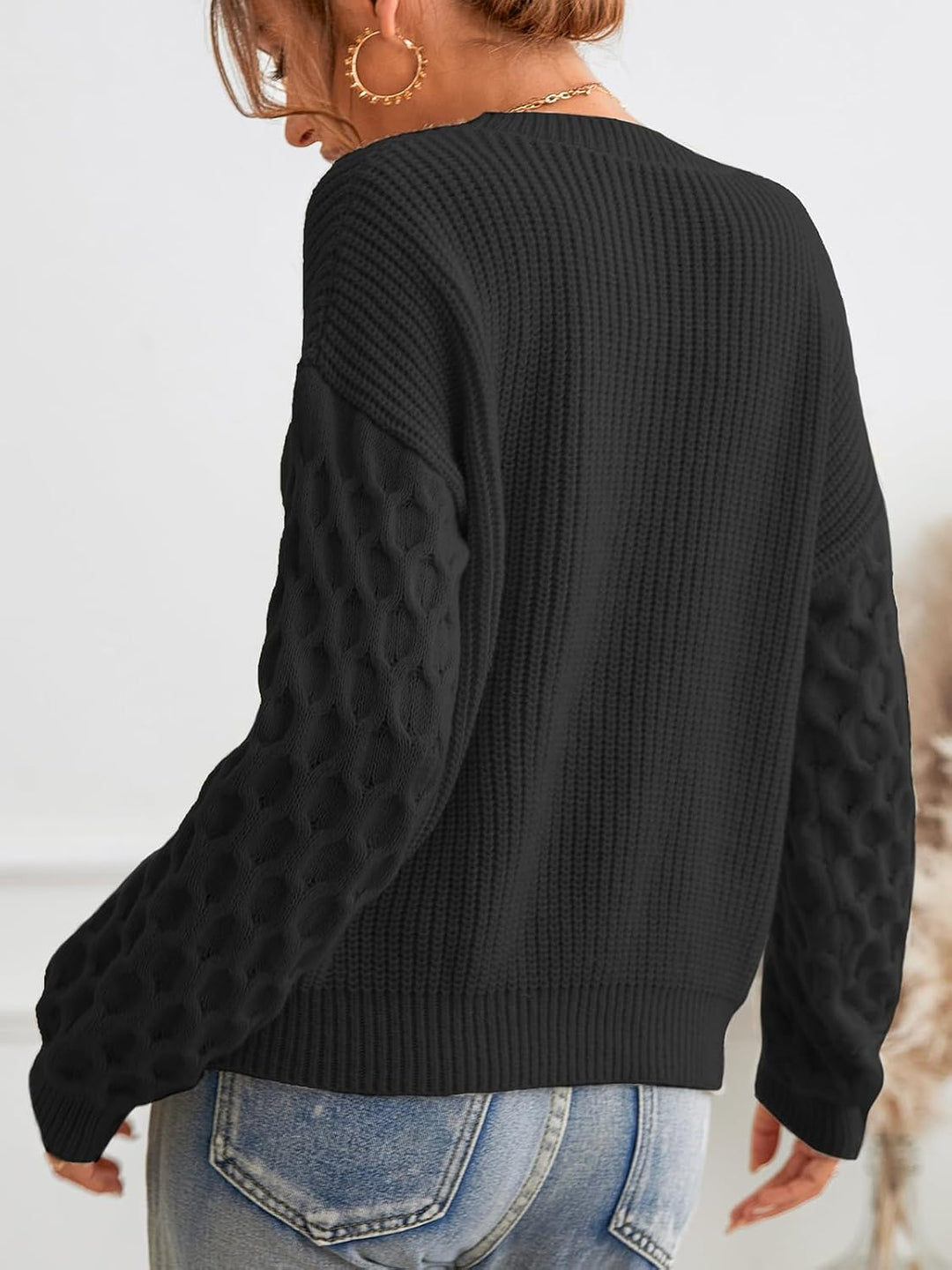 CUPSHE Damen Strickpullover Rundhals Langarm Feinstrick Pulli Jumper Oberteile Tops Honeycomb Knit S