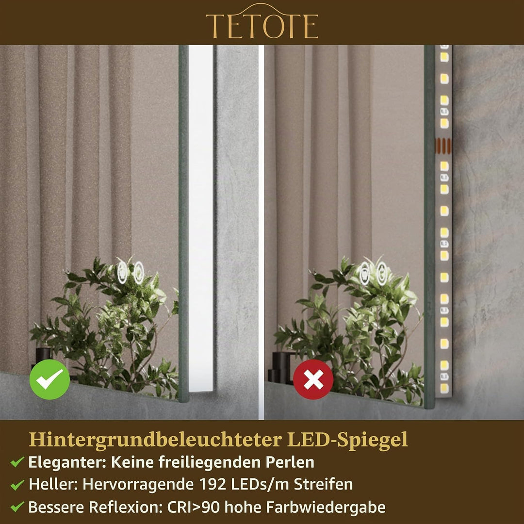 TETOTE Badspiegel mit Beleuchtung 60x90cm, Rechteckiger LED Badezimmerspiegel ohne Rahmen, Wandspieg