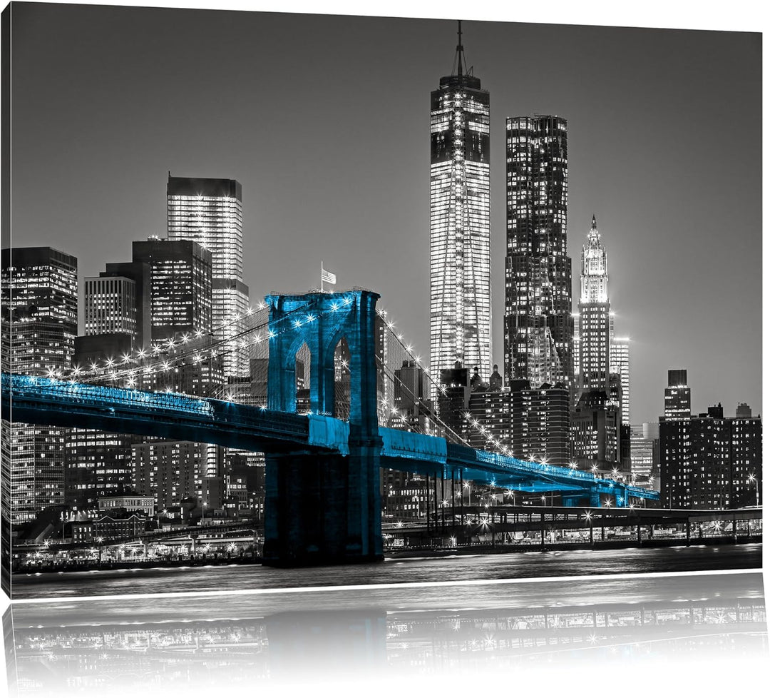 Brooklyn Bridge mit Wolkenkratzern bei Nacht schwarz/weiss Format: 100x70 auf Leinwand, XXL riesige