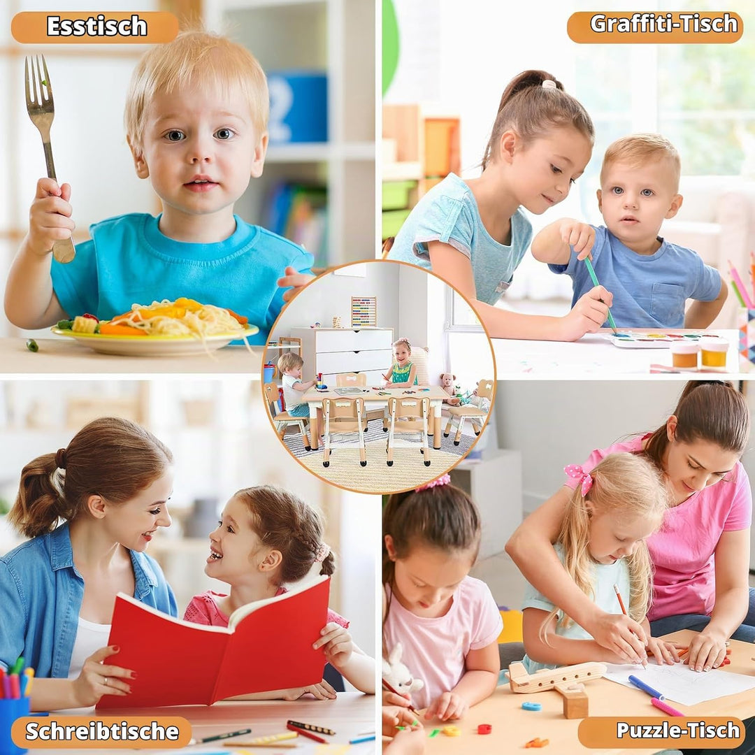 Clevich Kindertisch mit 6 Stühlen,Kinder Tisch Stuhl Set für Kindergarten und Kinderzimmer,Kindertis