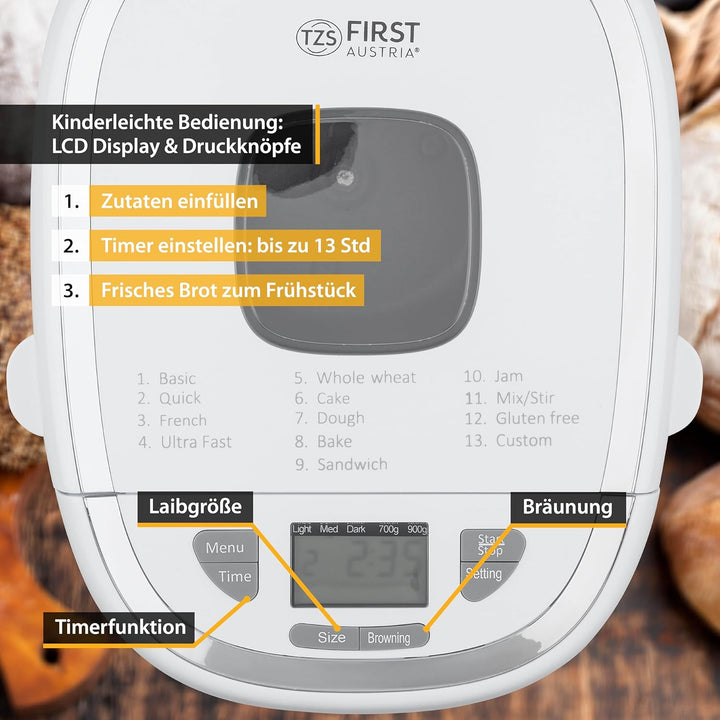 TZS First Austria multifunktionaler Brotbackautomat |13 Programme|individuelle Teigmenge |einstellba