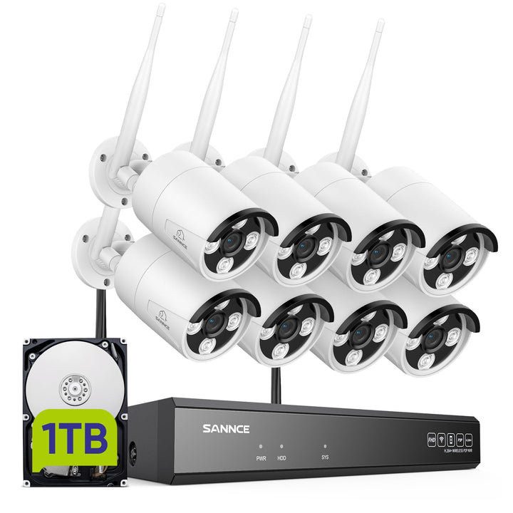 SANNCE WLAN Überwachungskamera Set 8x 3MP IP Aussen Kamera und 8CH 5MP Wireless NVR mit 1TB Festplat