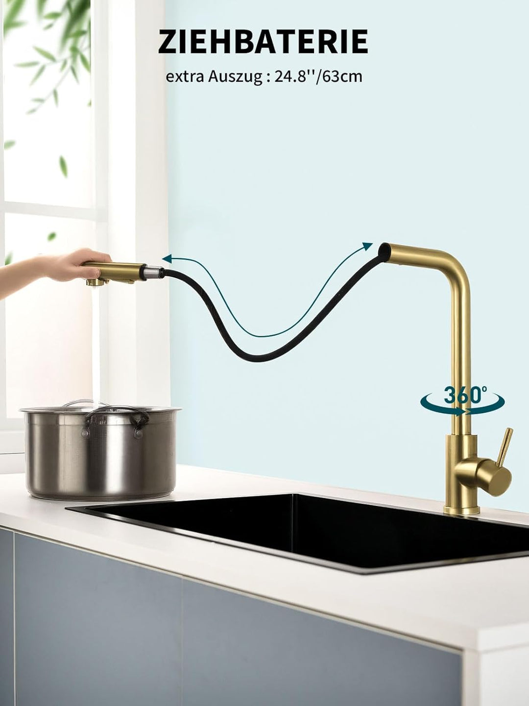 Wasserhahn Küche, Ausziehbare Küchenarmatur mit Sprühbrause aus Edelstahl und 2 Sprühfunktionen, 360