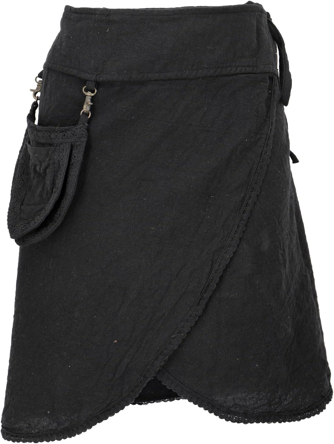 GURU SHOP Pixi Festival Boho Minirock, Natürlicher Ethno Wickelrock mit Tasche, Spitze, Damen Schwar