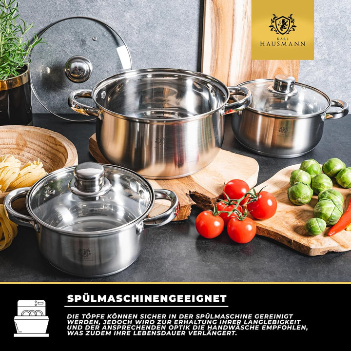 Topfset Induktion 3-teilig, Kochtopf Set mit Glasdeckel, Edelstahl mattiert, Induktions Töpfe Set un