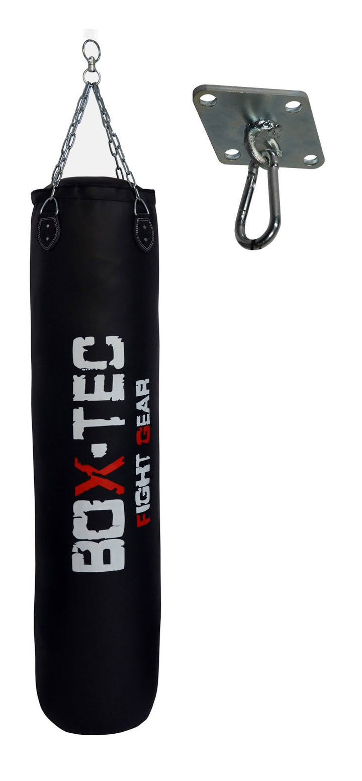 BOX-TEC 120cm Boxsack | Sandsack | Punching-Bag , schwarz, gefüllt inkl. Deckenhaken und Vierpunkt-K