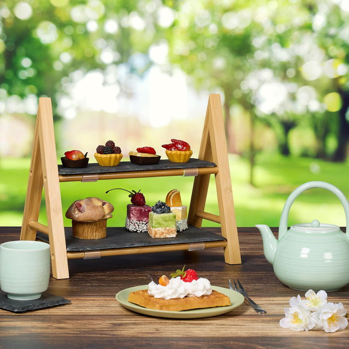 Relaxdays Etagere, 2 Etagen, mit Schieferplatten, HBT 27x32x17 cm, rustikaler Servierständer, Bambus