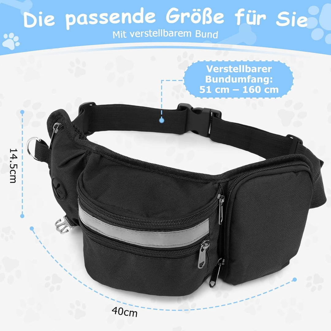 Leckerlibeutel Hundetraining, Robuste Bauchtasche mit Kotbeutelspender, Flaschenhalter, Reflektor &