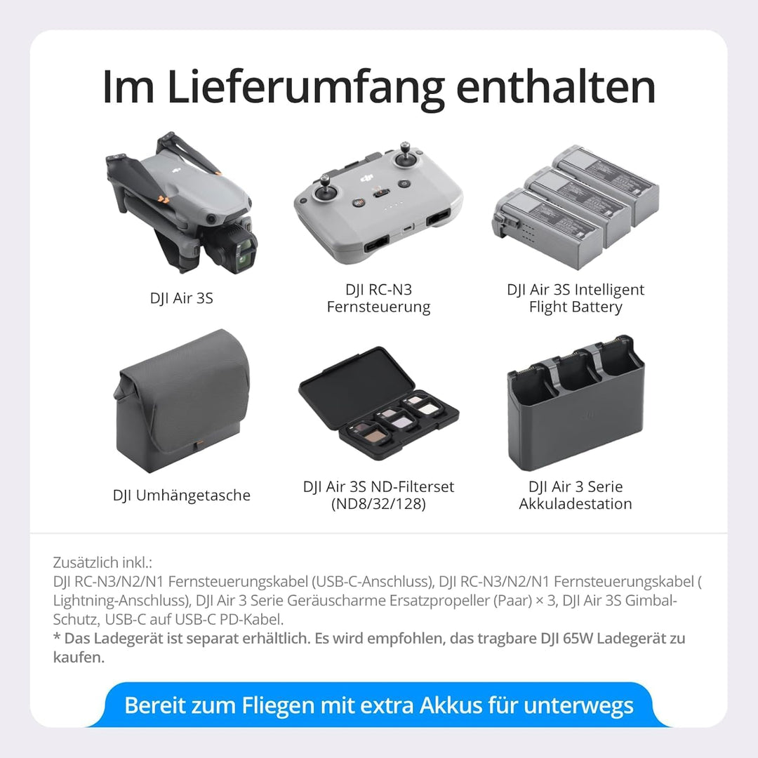 DJI Air 3S Fly More Combo (RC-N3), Drohne mit 1“ CMOS Weitwinkel- & mittlerer Telekamera, 4K/60fps H