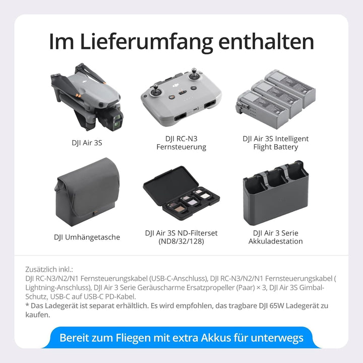DJI Air 3S Fly More Combo (RC-N3), Drohne mit 1“ CMOS Weitwinkel- & mittlerer Telekamera, 4K/60fps H