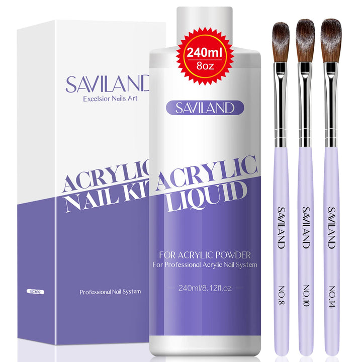 SAVILAND Acryl Liquid für Nägel – 240ML Acryl Liquid mit 3 Acryl Pinsel Grösse (8/10/14) für Acryl A