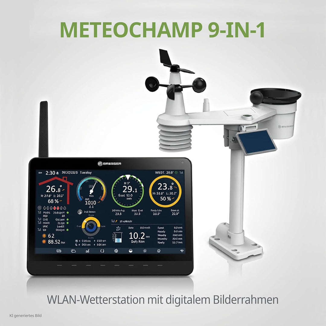 Bresser MeteoChamp 9-in-1 WLAN-Wetterstation mit digitalem Bilderrahmen, HD-Display, Luftqualitätsan