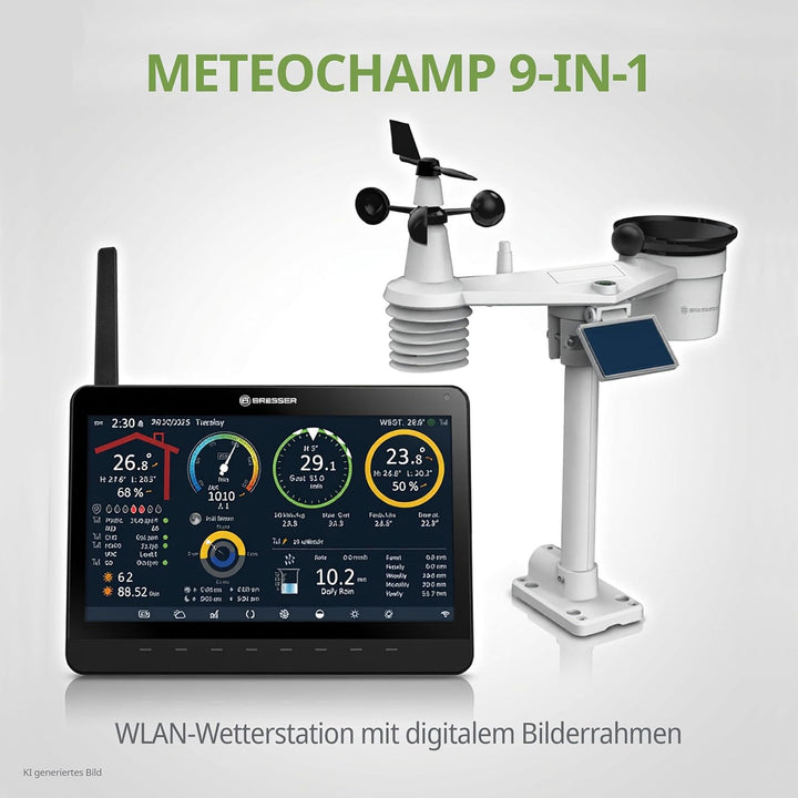Bresser MeteoChamp 9-in-1 WLAN-Wetterstation mit digitalem Bilderrahmen, HD-Display, Luftqualitätsan