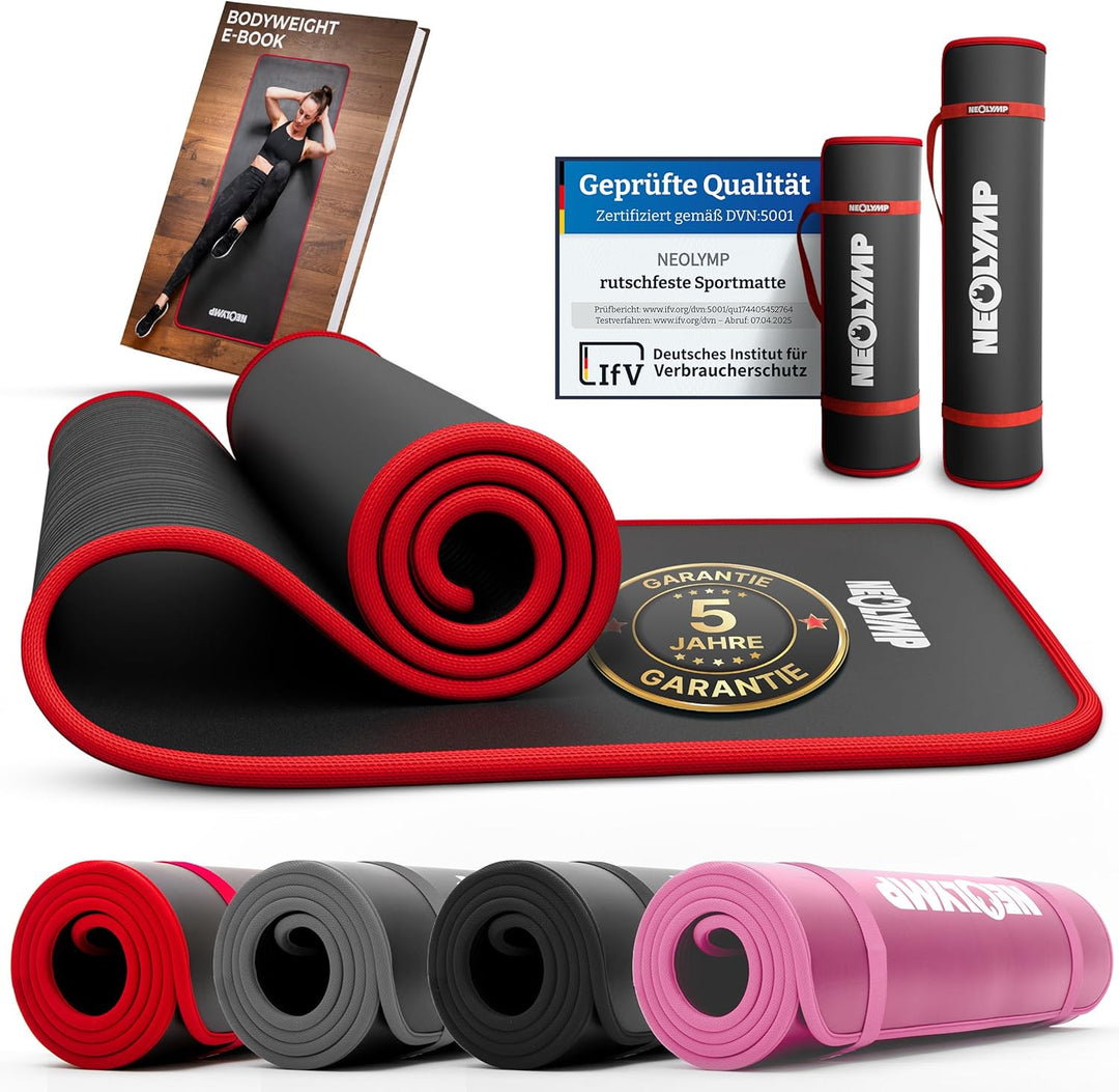 Fitnessmatte Schwarz + E-Book mit Übungen – Fitness Matte Gymnastik Matte Dicker Fitnessmatte Schwar