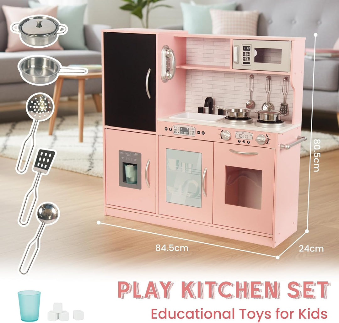 WOODENFUN Kinderküche Holz Spielküche für Kinder mit Blackboard, Telefon, Topf, Topfschaufel, Gesche