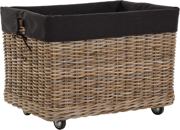Grosser Rollkorb mit Griffen/Holzkorb mit Rollen aus grauem Natur Rattan/Aufbewahrung Holz-Wagen Räd