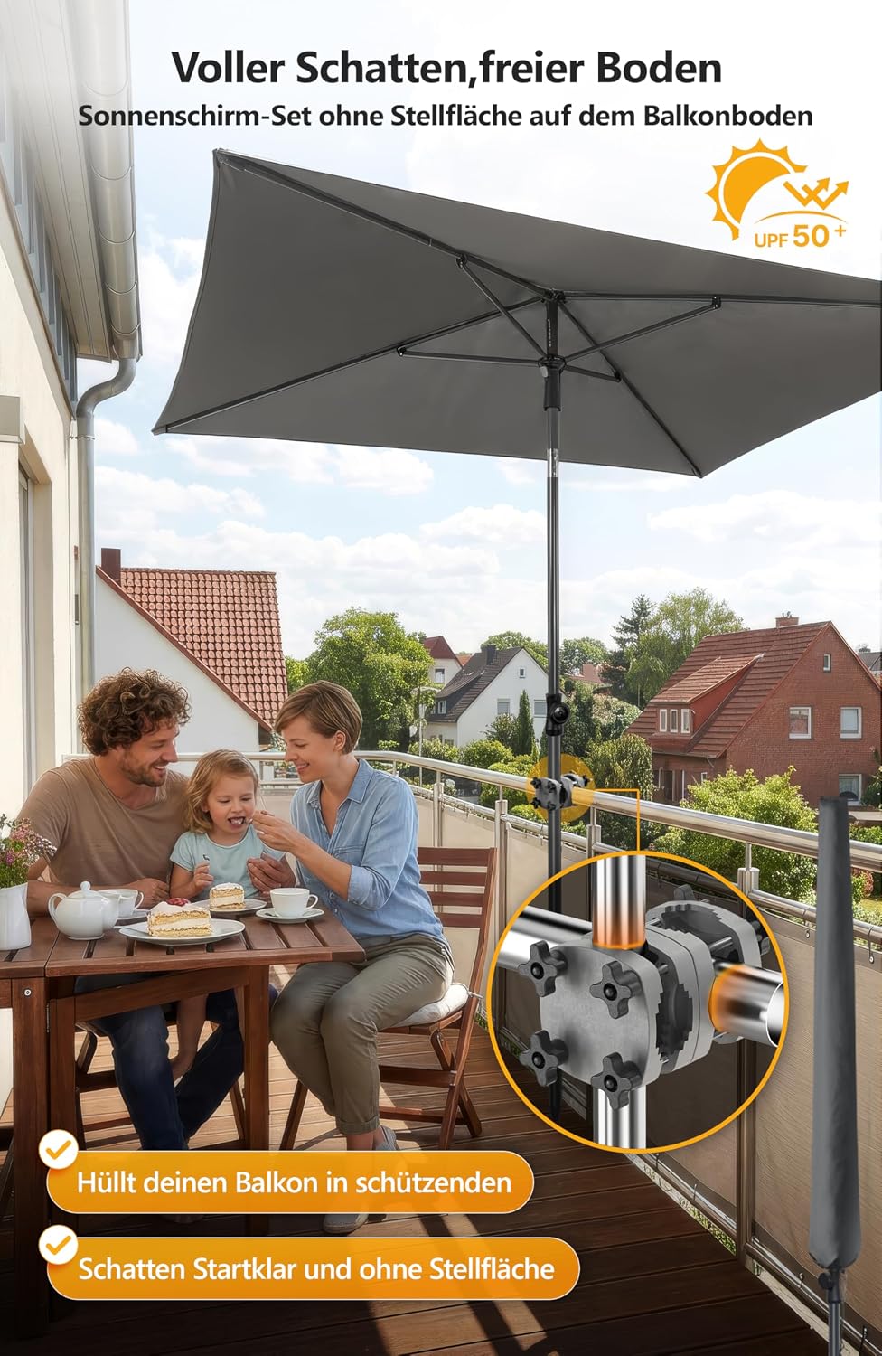 4smile Sonnenschirm Balkon im Set – Sonnenschirm rechteckig 210×140 cm, UV 50+ Sonnenschutz Balkon,