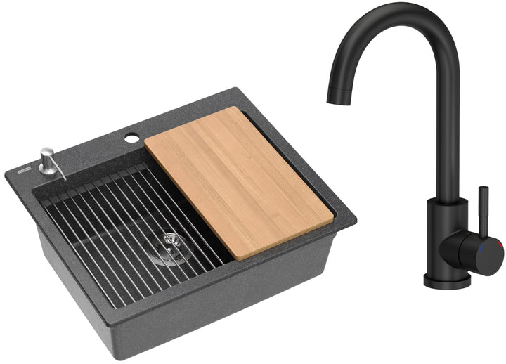 VBChome Set Spülbecken mit Armatur 60 x 50 cm Schwarz Spülmittelspender Siphon Matte Planke Granit S