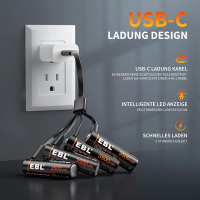 EBL Lithium Akku AA - 1,5V wiederaufladbare AA Lithium Batterien mit USB Laden,Starke Leistung AA Ak