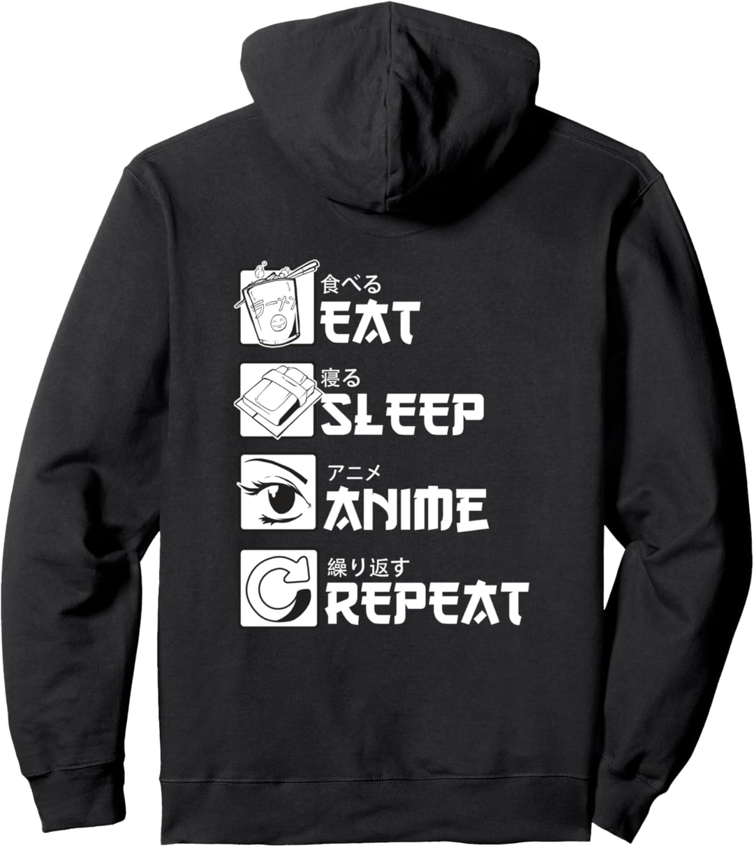 Japanische Buchstaben Kanji Eat Sleep Anime Repeat Rücken Pullover Hoodie
